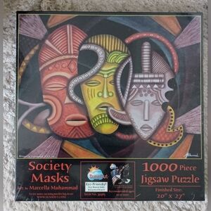 Sunspot Society Masks Jigsaw Puzzle - Red, Yellow, Gray